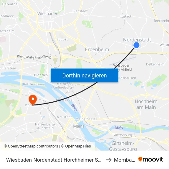 Wiesbaden-Nordenstadt Horchheimer Straße to Mombach map