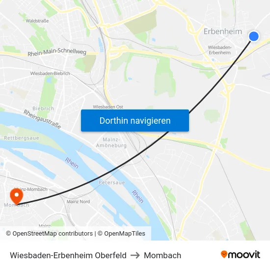 Wiesbaden-Erbenheim Oberfeld to Mombach map