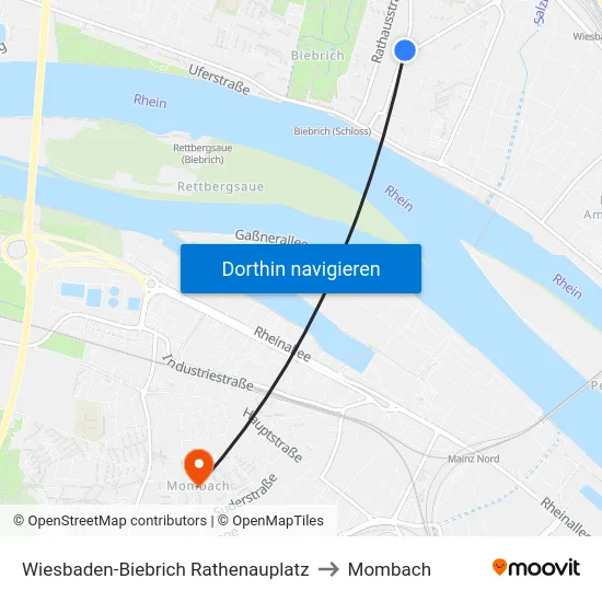 Wiesbaden-Biebrich Rathenauplatz to Mombach map
