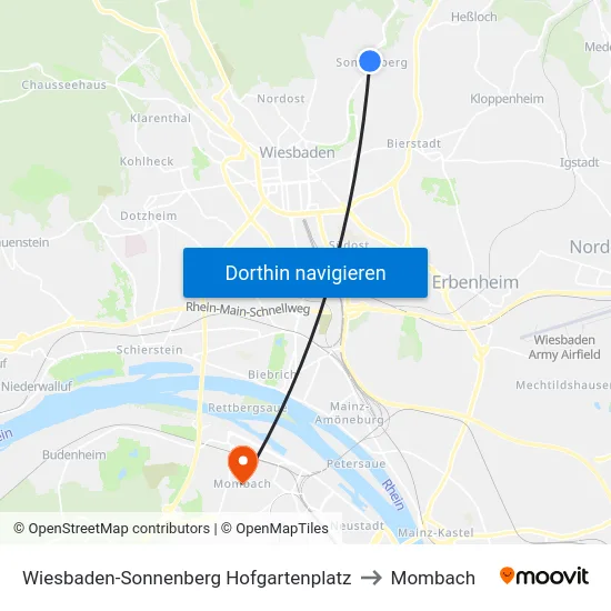 Wiesbaden-Sonnenberg Hofgartenplatz to Mombach map