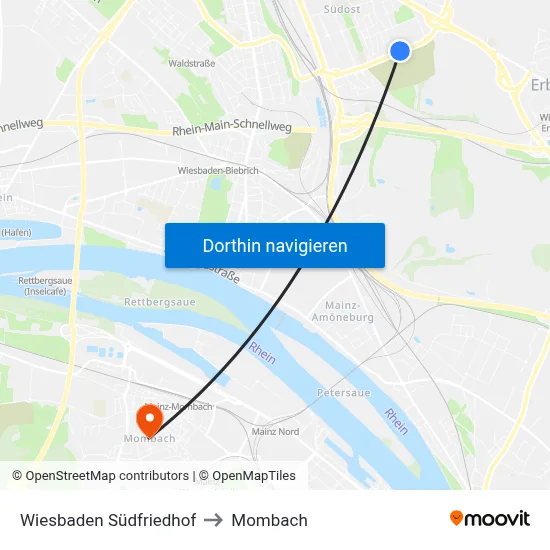 Wiesbaden Südfriedhof to Mombach map