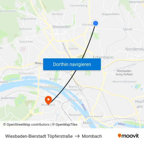 Wiesbaden-Bierstadt Töpferstraße to Mombach map
