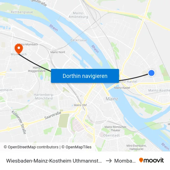 Wiesbaden-Mainz-Kostheim Uthmannstraße to Mombach map