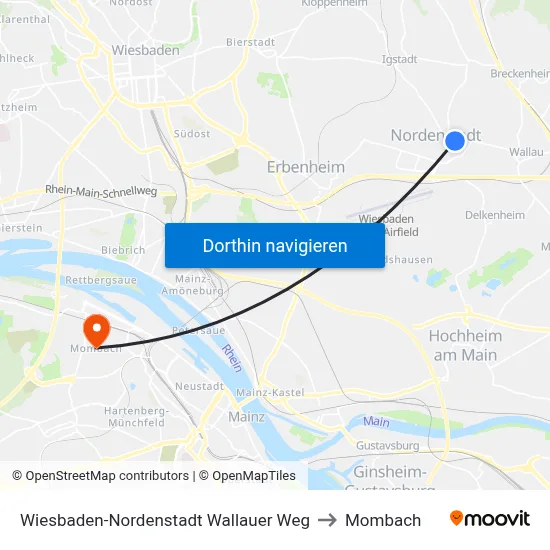 Wiesbaden-Nordenstadt Wallauer Weg to Mombach map