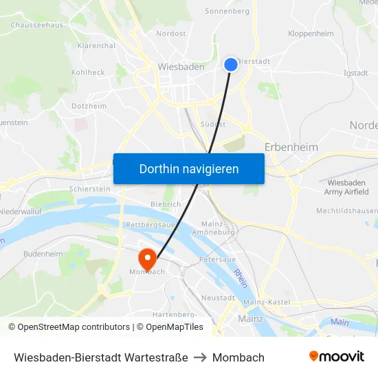 Wiesbaden-Bierstadt Wartestraße to Mombach map