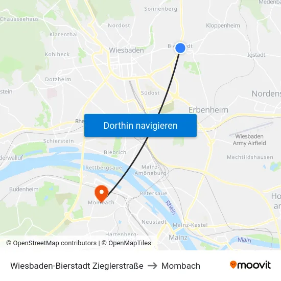 Wiesbaden-Bierstadt Zieglerstraße to Mombach map