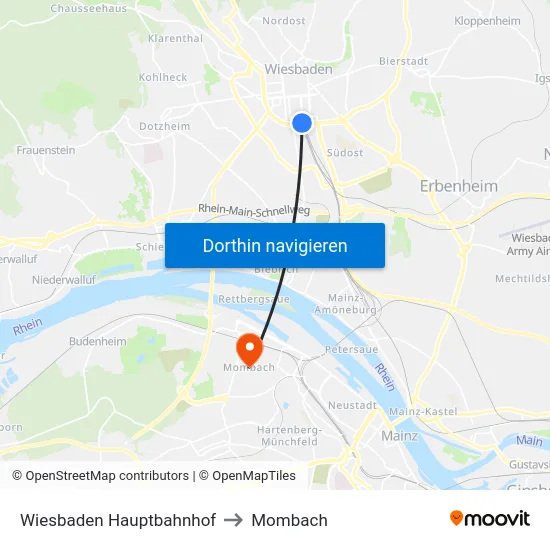 Wiesbaden Hauptbahnhof to Mombach map
