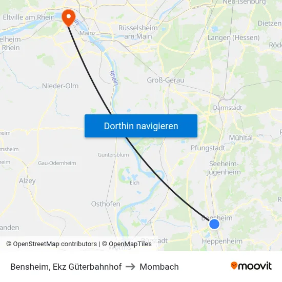 Bensheim, Ekz Güterbahnhof to Mombach map