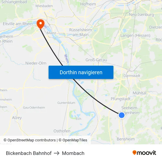 Bickenbach Bahnhof to Mombach map