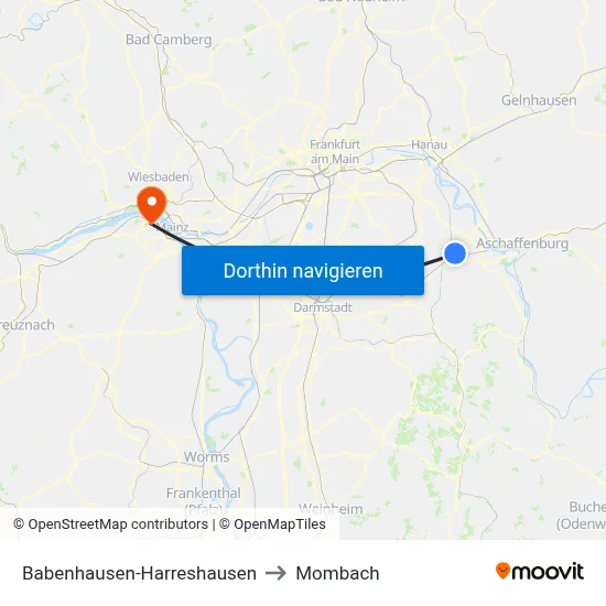 Babenhausen-Harreshausen to Mombach map