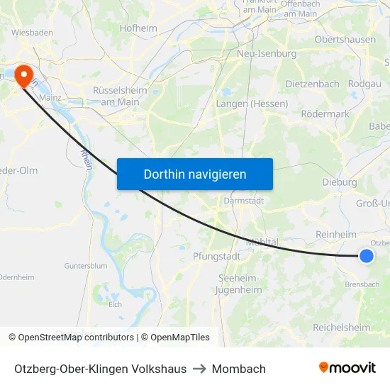 Otzberg-Ober-Klingen Volkshaus to Mombach map