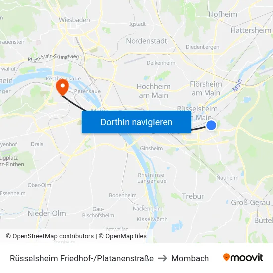 Rüsselsheim Friedhof-/Platanenstraße to Mombach map