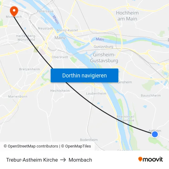 Trebur-Astheim Kirche to Mombach map