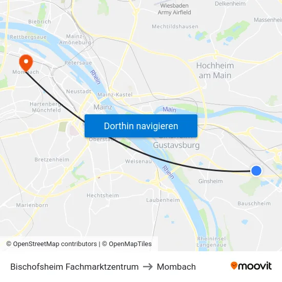Bischofsheim Fachmarktzentrum to Mombach map