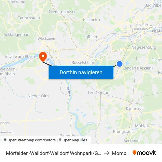 Mörfelden-Walldorf-Walldorf Wohnpark/Gedenkstätte to Mombach map