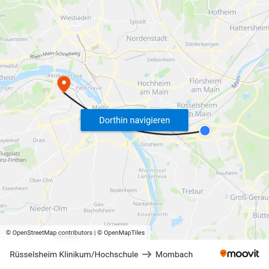 Rüsselsheim Klinikum/Hochschule to Mombach map