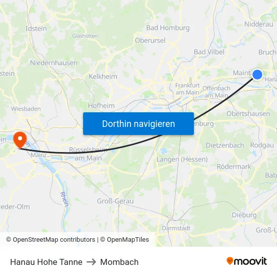 Hanau Hohe Tanne to Mombach map