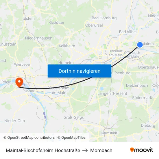 Maintal-Bischofsheim Hochstraße to Mombach map