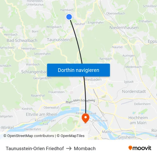 Taunusstein-Orlen Friedhof to Mombach map