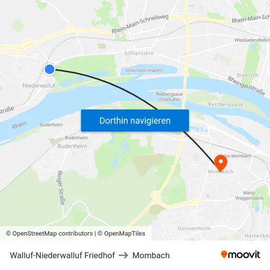 Walluf-Niederwalluf Friedhof to Mombach map