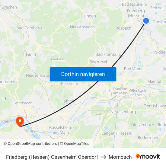 Friedberg (Hessen)-Ossenheim Oberdorf to Mombach map