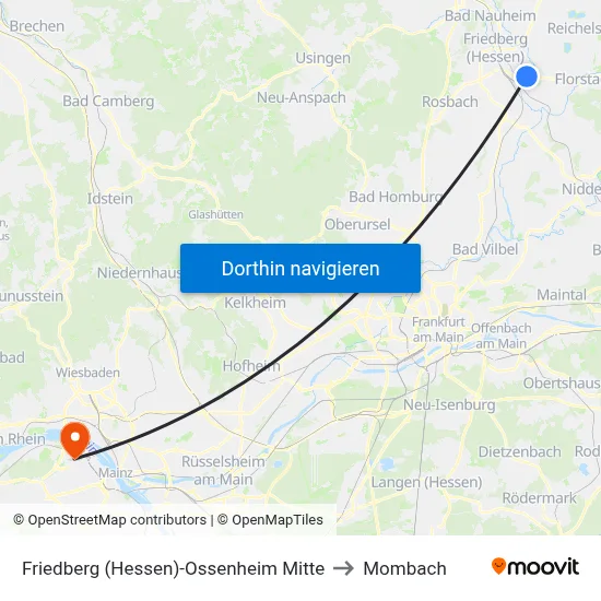 Friedberg (Hessen)-Ossenheim Mitte to Mombach map