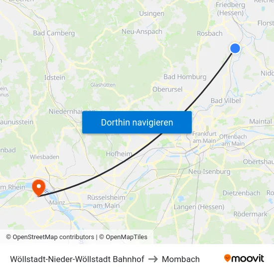 Wöllstadt-Nieder-Wöllstadt Bahnhof to Mombach map