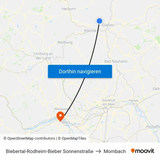 Biebertal-Rodheim-Bieber Sonnenstraße to Mombach map