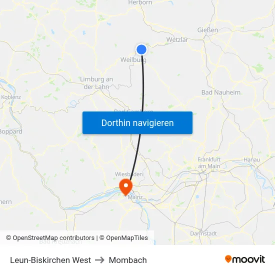 Leun-Biskirchen West to Mombach map