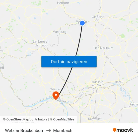 Wetzlar Brückenborn to Mombach map