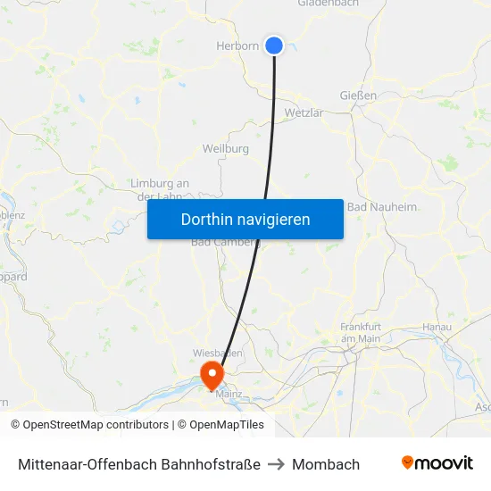 Mittenaar-Offenbach Bahnhofstraße to Mombach map