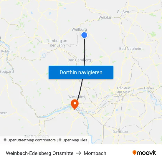 Weinbach-Edelsberg Ortsmitte to Mombach map