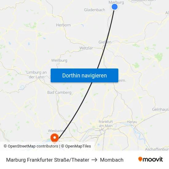 Marburg Frankfurter Straße/Theater to Mombach map
