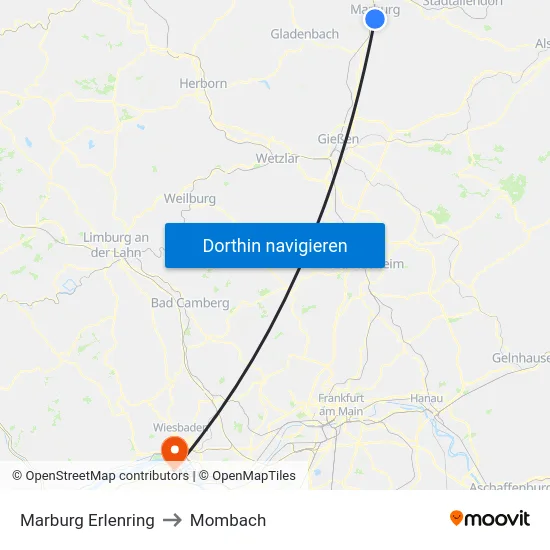 Marburg Erlenring to Mombach map
