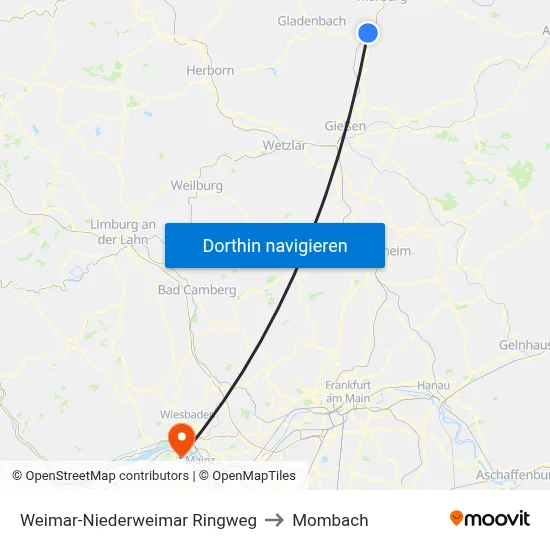 Weimar-Niederweimar Ringweg to Mombach map