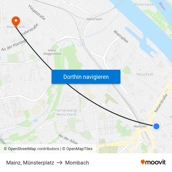 Mainz, Münsterplatz to Mombach map