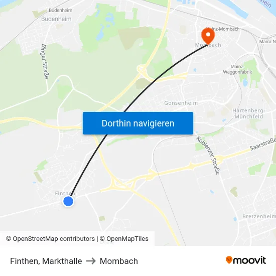 Finthen, Markthalle to Mombach map