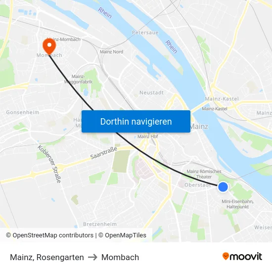 Mainz, Rosengarten to Mombach map