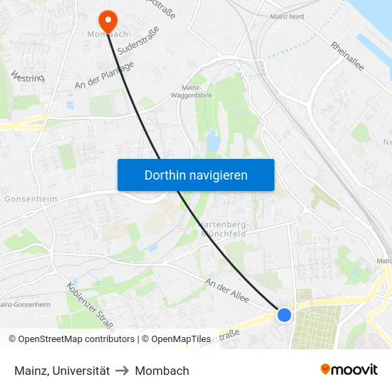 Mainz, Universität to Mombach map