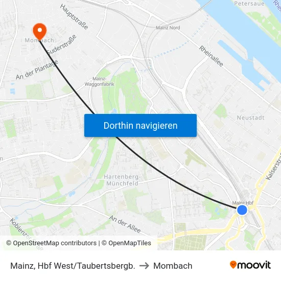 Mainz, Hbf West/Taubertsbergb. to Mombach map