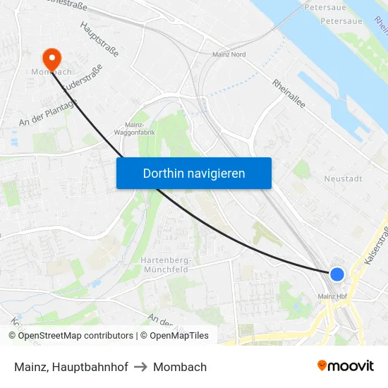 Mainz, Hauptbahnhof to Mombach map