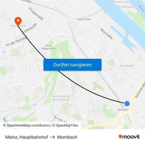 Mainz, Hauptbahnhof to Mombach map
