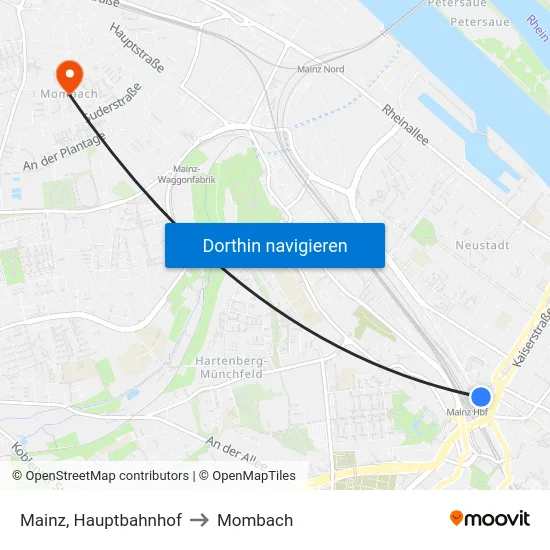 Mainz, Hauptbahnhof to Mombach map