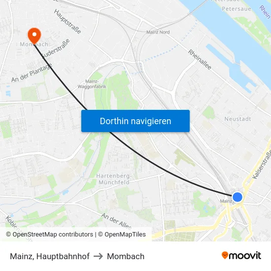 Mainz, Hauptbahnhof to Mombach map