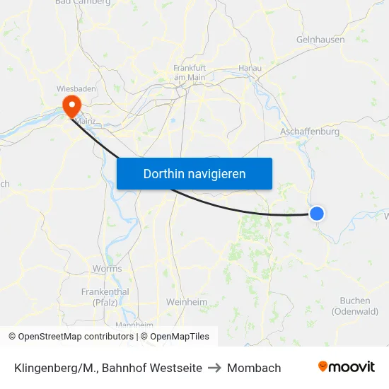 Klingenberg/M., Bahnhof Westseite to Mombach map