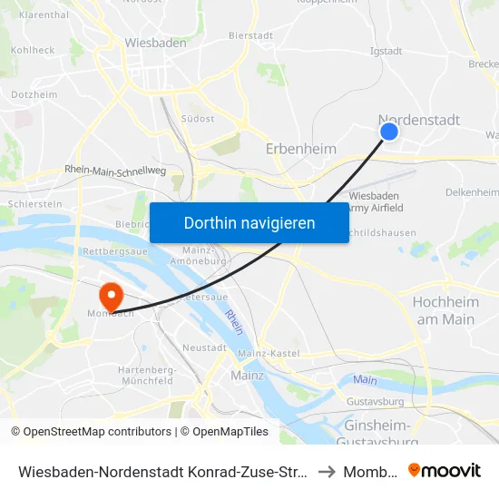Wiesbaden-Nordenstadt Konrad-Zuse-Str./Hainpark to Mombach map