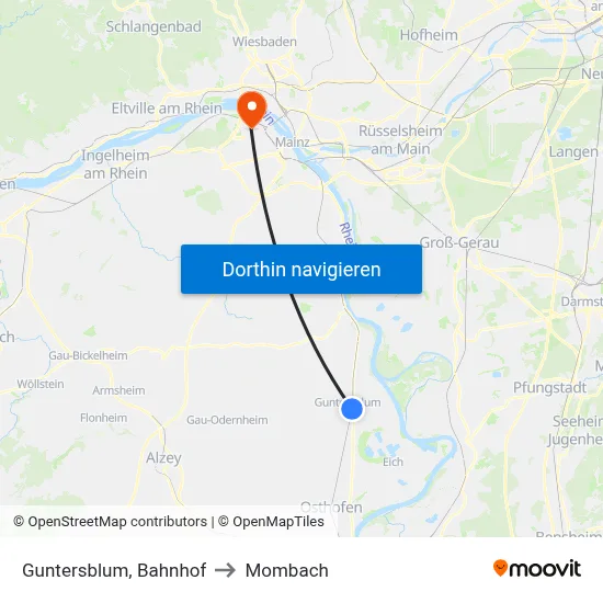 Guntersblum, Bahnhof to Mombach map