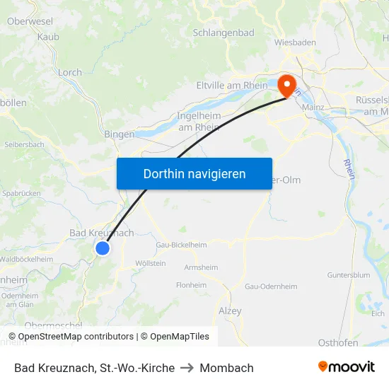 Bad Kreuznach, St.-Wo.-Kirche to Mombach map