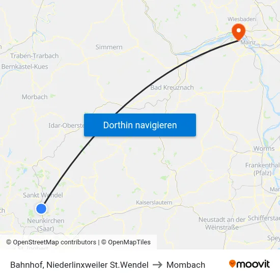 Bahnhof, Niederlinxweiler St.Wendel to Mombach map
