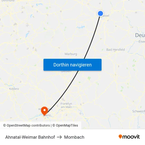Ahnatal-Weimar Bahnhof to Mombach map